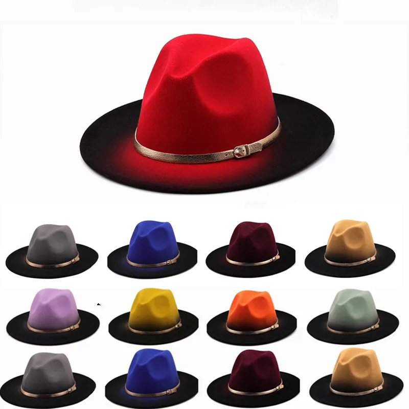 Kobiety Patchwork Szerokie rondo Gradientowy złoty pasek Church Derby Top Hat Panama Felt Fedoras Hat Mężczyźni sztuczny brytyjski styl Jazz Cap