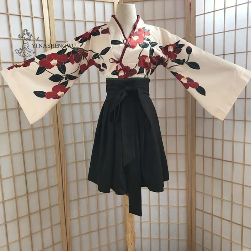 Vestido japonés de Kimono para mujer, falda femenina asiática, Tops Yukata Haori, ropa Kawaii estampada, conjuntos de Bata de fiesta para niñas