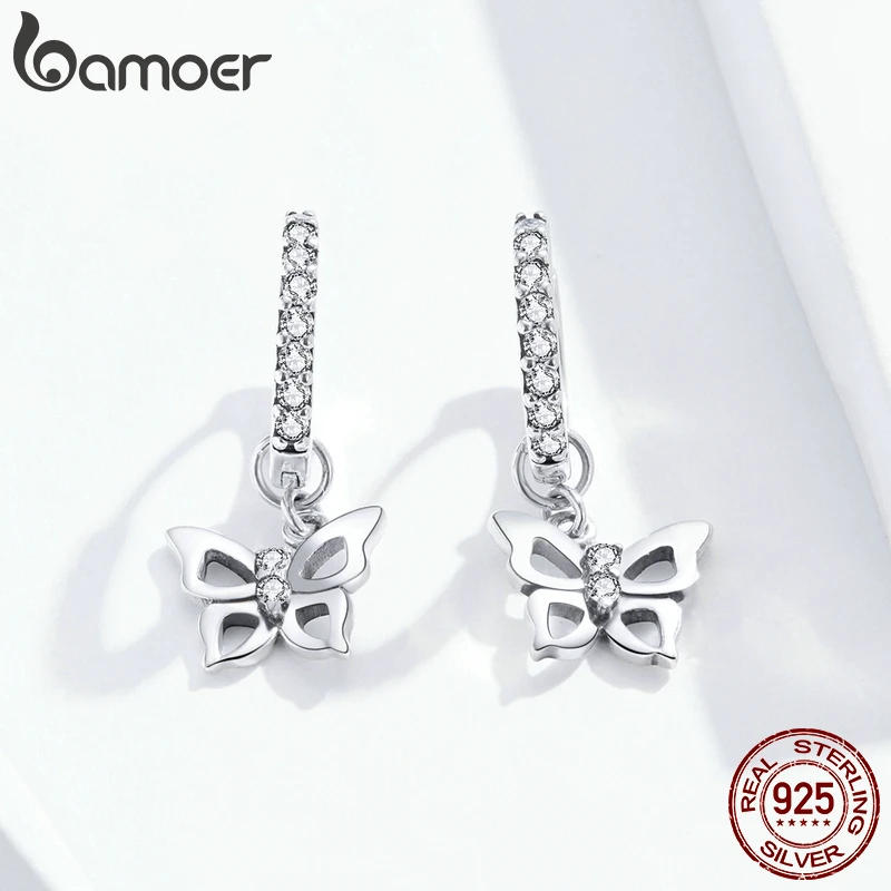 BAMOER Dazzling Butterfly Hoop Earrings for Women 925 Sterling Silver Engagement Wedding Statement  Fine Jewelry Pendants SCE833