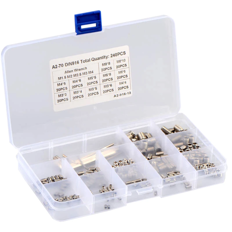 240pcs Hexagon Socket Set Screws Headless Assortment Kit 304 Stainless Steel M3 M4 M5 M6 M8 Concave End Machine Screw