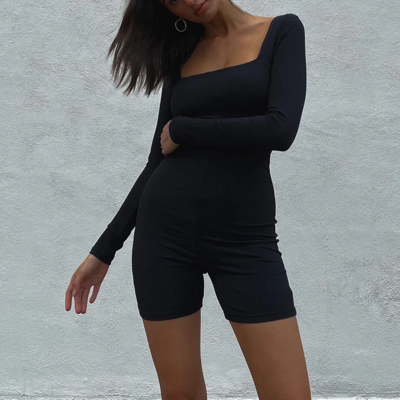 

Summer playsuit women sexy romper bodycon black rompers playsuits sexy stretch playsuit square neck romper shorts long sleeve