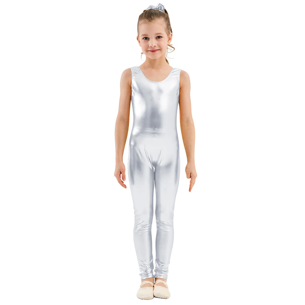 AOYLISEY Kids Tank Unitard for Girls Ballet Sleeveless Black Shiny Metallic Tight Jumpsuit Unitards Boys Stage Costumes