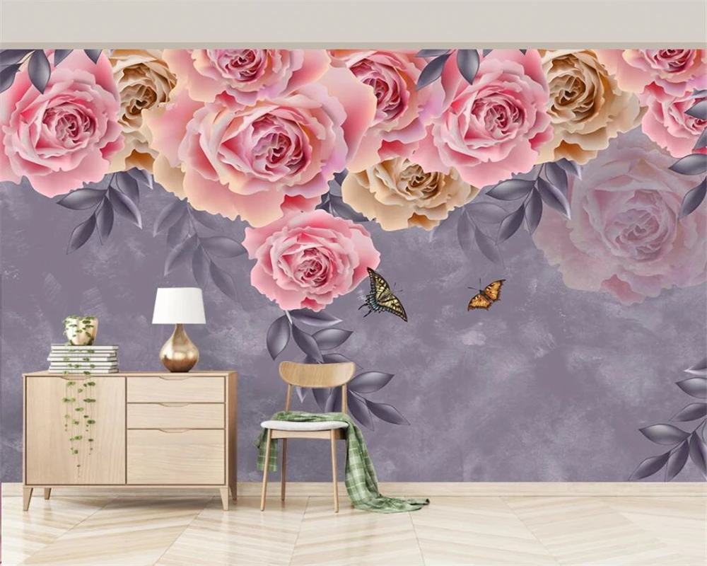 

Beibehang Custom wallpaper modern minimalist Nordic watercolor style rose flower TV living room background wall 3d wallpaper