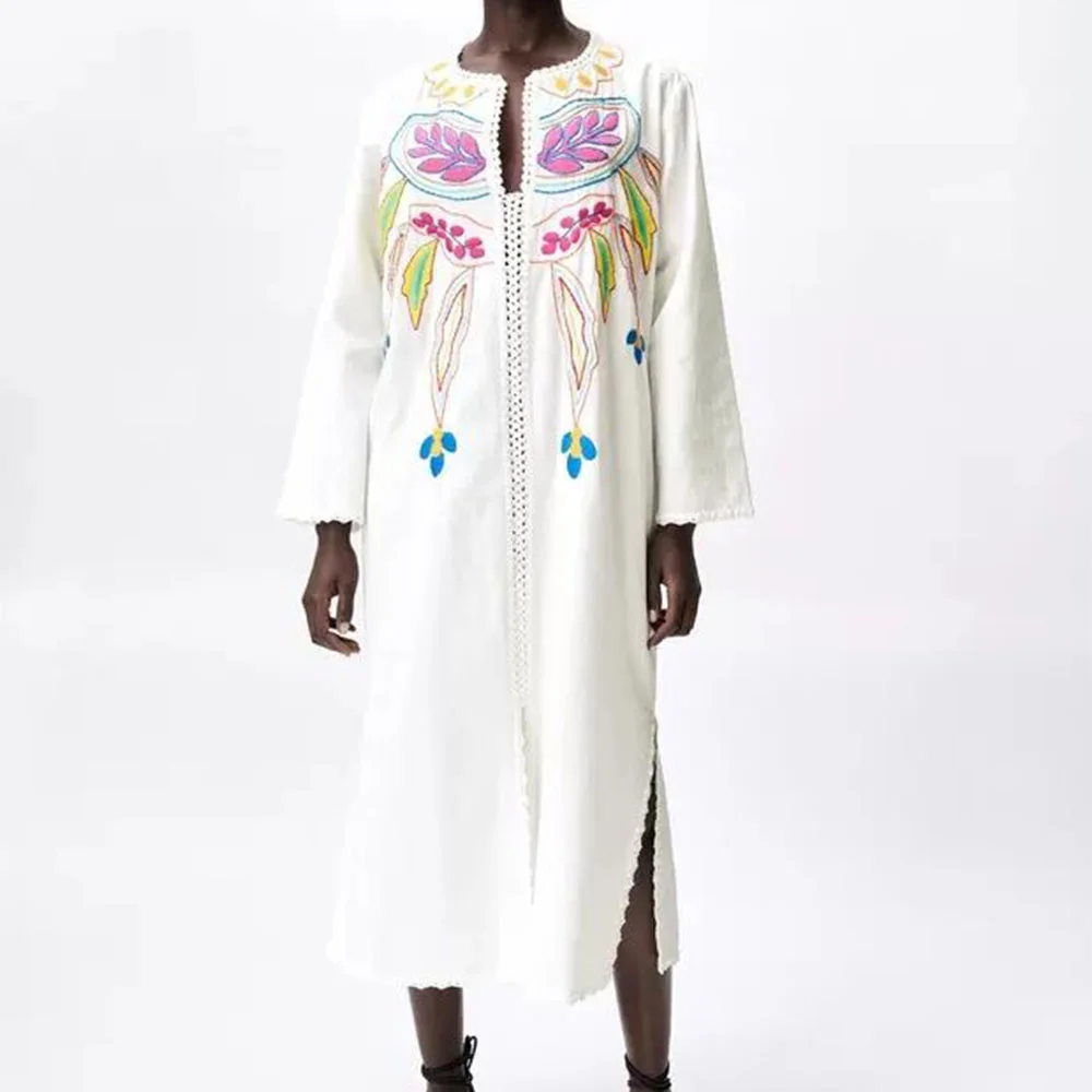 Women 2023 New Chic Embroidery Long Shirt Summer Beach Dress Elegant Vintage Long Sleeve Side Slit Female Dresses Mujer Befree