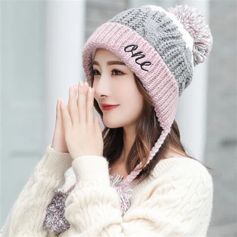 Hat Women Winter Korean Version Thickened Warm Fashion Ear Protection Girl Lovely  Ball Knitting Fluffy Color Matching Pink