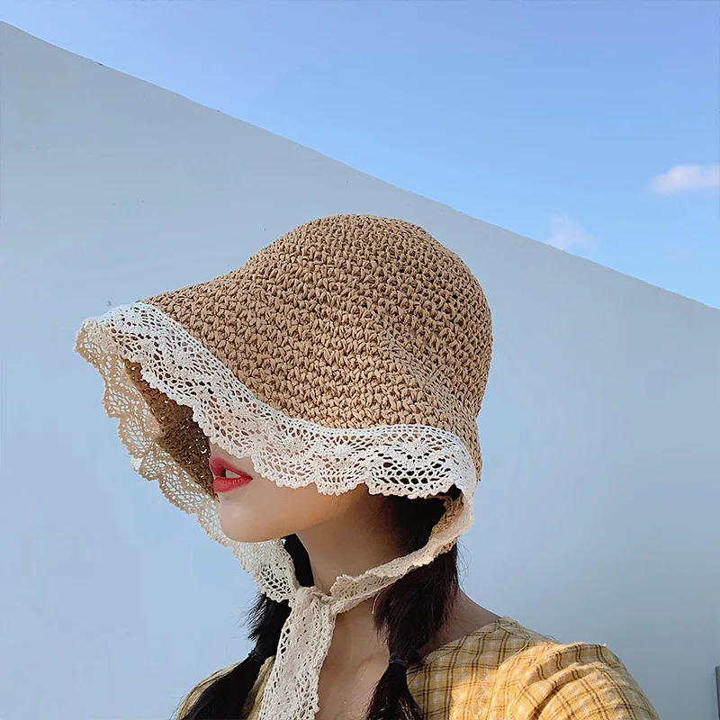 Summer Bucket Hat Women Lace Sun Hats for Wide Brim Straw Beach Side Cap Floppy Female Straw Hat Lace Solid Fringe Straw Hat