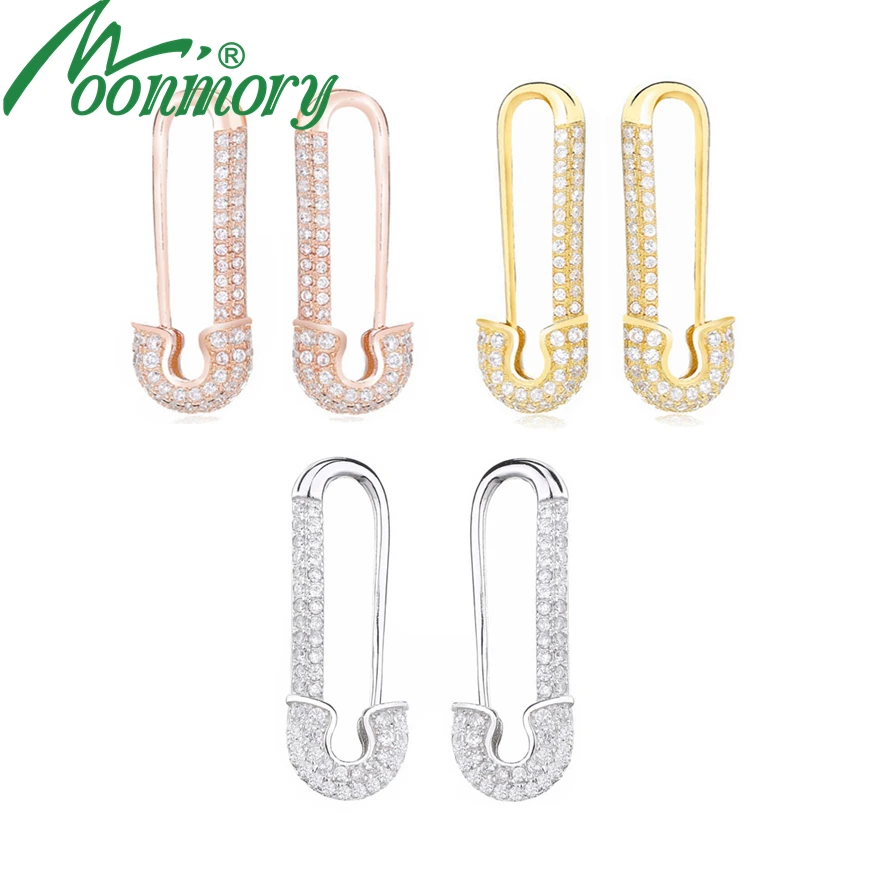 Moonmory 2020 France 100% 925 Sterling Silver Silver Safety Pin Earring Three Color Style Two Side Zircon Right Left Earring