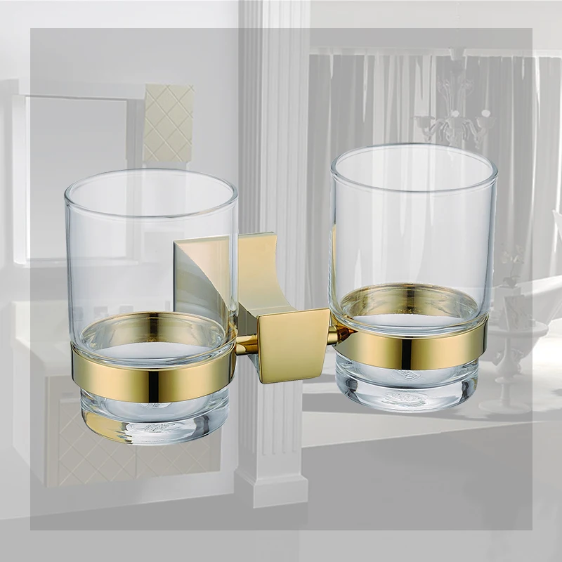 Luxury Gold Double Tumbler Holder Cup & Tumbler Holders Black Chrome Toothbrush Holder Screw Wall Mounted Bathroom Accessories