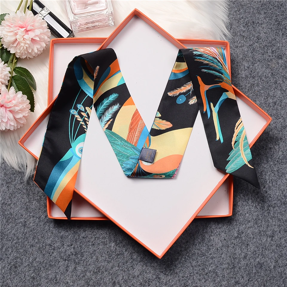 Brand 100% Real Silk Scarf Women 2023 Design Feather Summer Natural Mulberry Silk Scarf Foulard Hair & Bag Scarves Neckerchief