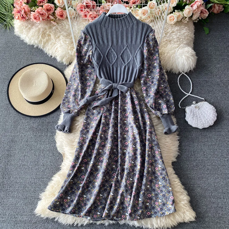 Herfst Vintage Elegante Midi Jurken Voor Vrouwen Patchwork Gebreide Vestidos Slanke Bandage Lange Gewaad Mode Bloemen Corduroy Jurk