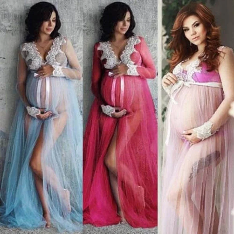 

Pregnant Photography Dresses Photo For Women Lace Up Long Sleeve Ladies Maxi Gown Shoot Clothing