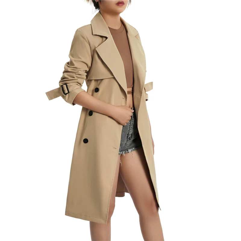 Ladies Casual Wind Coat, Spring Autumn Girls Solid Color Long Sleeve Lapel Double-breasted Trench Outwear with Belt, Khaki/Green