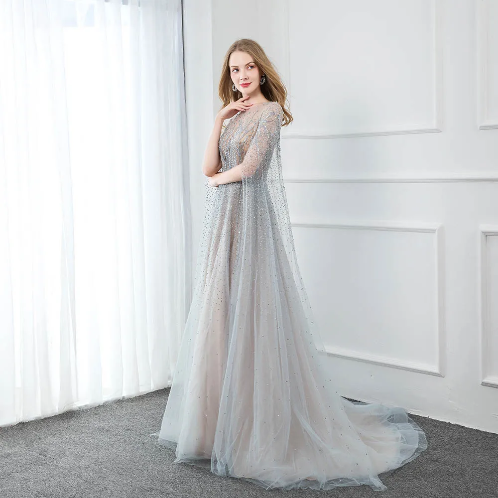 YQLNNE 2022 Luxury Crystals Beaded Evening Dresses Long O Neck Silver Tulle With Shawl Sleeve Elegant Formal Gowns