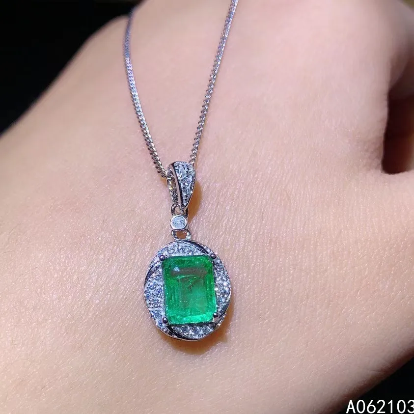 KJJEAXCMY fine jewelry 925 Sterling Silver inlaid natural emerald Women's Luxury Fashion Square GEM PENDANT NECKLACE support det