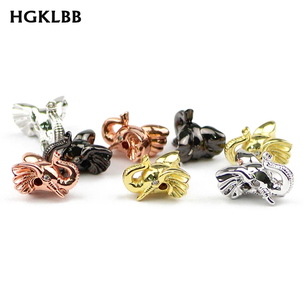 HGKLBB White Zircon Elephant head Pendants Copper beads 4pcs animal Charms Spacer Loose beads for Jewelry making bracelet DIY