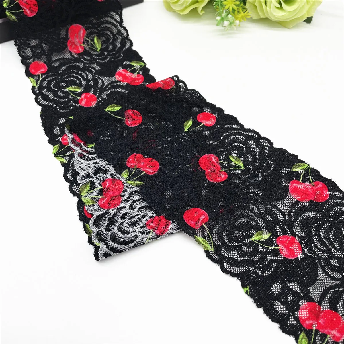 5y/lot Width 11cm Cherry Black Narrow Stretch Elastic Lace Trim Garment Sewing Applique Costume Lace Fabric Skirt Material