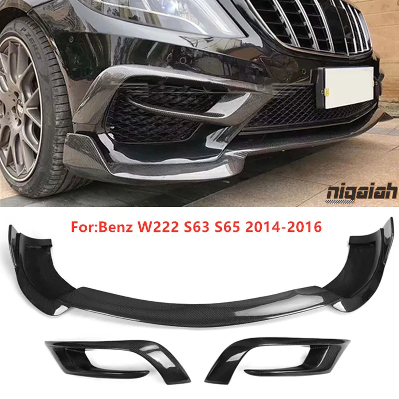 W222 Front Lip Bumper Protector Splitter for Mercedes Benz W222 S-Class S63 S65 2014-2016 B Style Front Skirt Real Carbon Fiber