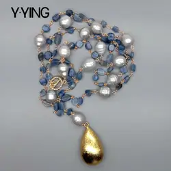 Y·YING Blue Kyanites Gray freshwater Pearl statement Necklace 21