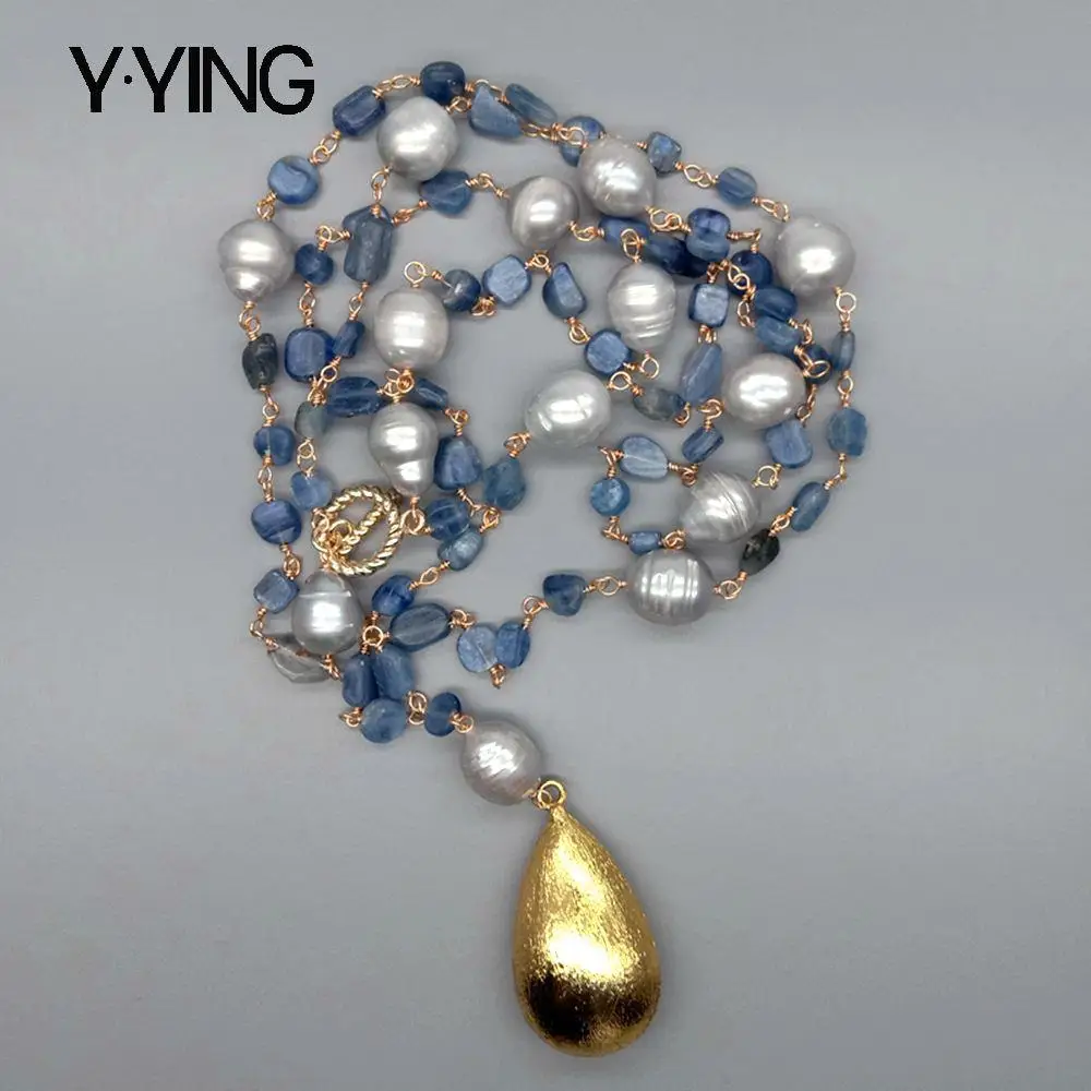 Y·YING Blue Kyanites Gray freshwater Pearl statement Necklace  21