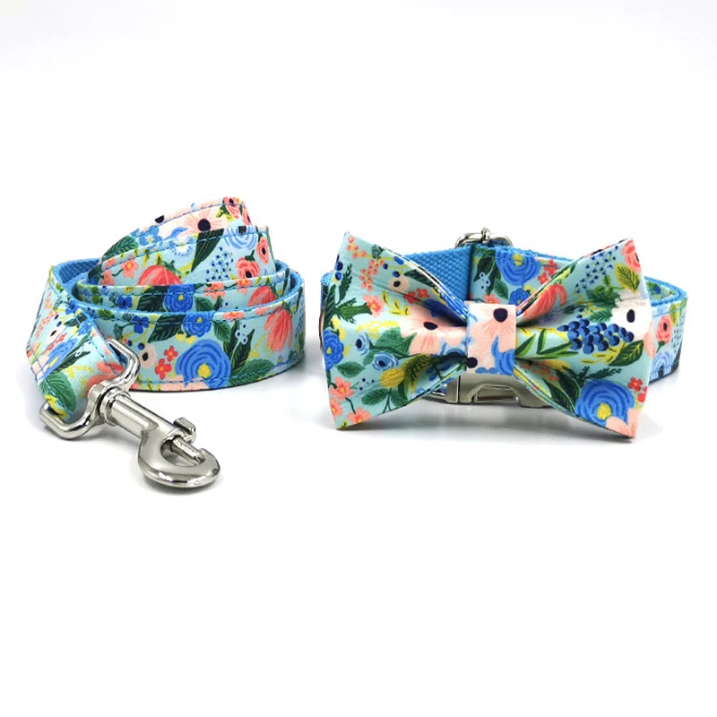 Pet Collars for Dogs Laser Engraving Customized Name Dog Collar Adjustable Durable Bow Tie Dog Collar and Leash Set Blue Floral