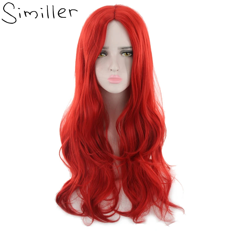 Similler Long Women Synthetic Cosplay Wig Central Part Red Gold Wavy Hair Heat Resistant Costumes