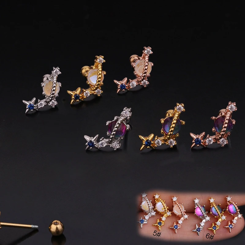 1 PCS Cute Small Color Crystal Star Planet Shape Ear Cartilage Piercing Stud Earring Gold Color Steel Bar Ball Helix Earring