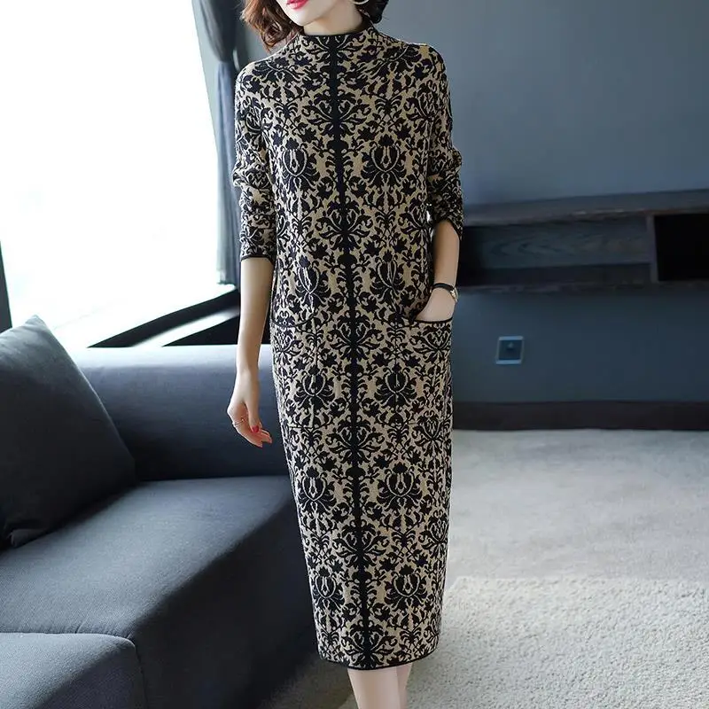 Women's Jacquard Long Sweater Dress, O-Neck, Long Sleeve, Knitting Straight Bottom, Oversize, Spring, Autumn, New, 2024