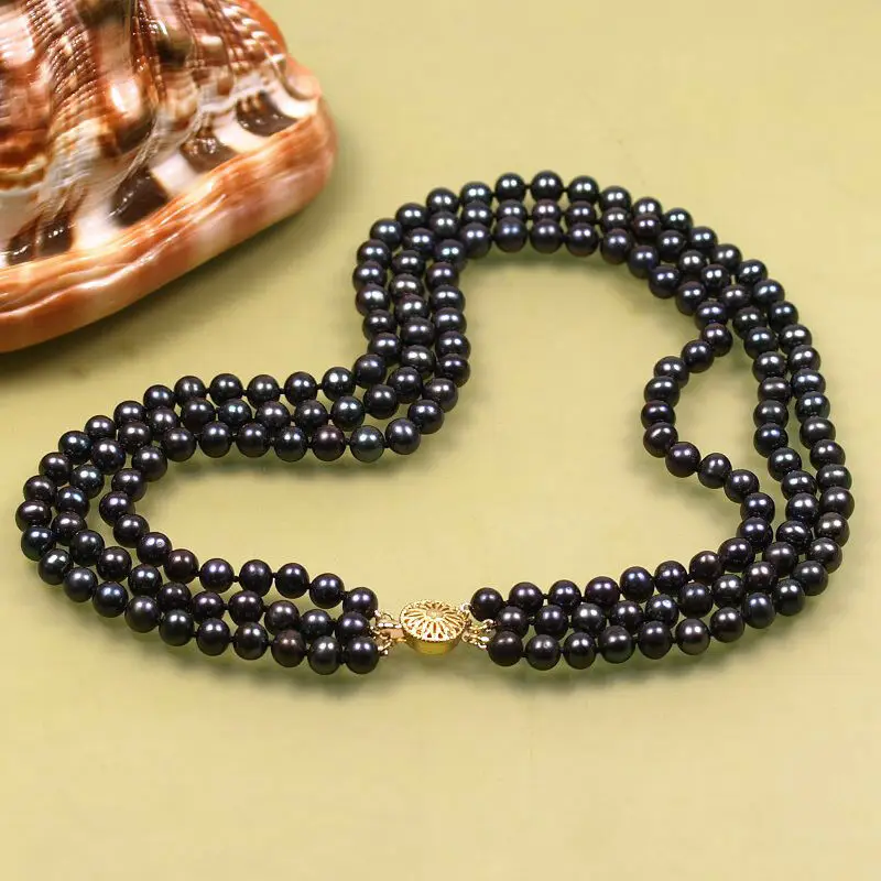 

3 Row Natural 7-8mm Black Round Freshwater Cultured Pearl Necklace 17-19" yellow Clasp