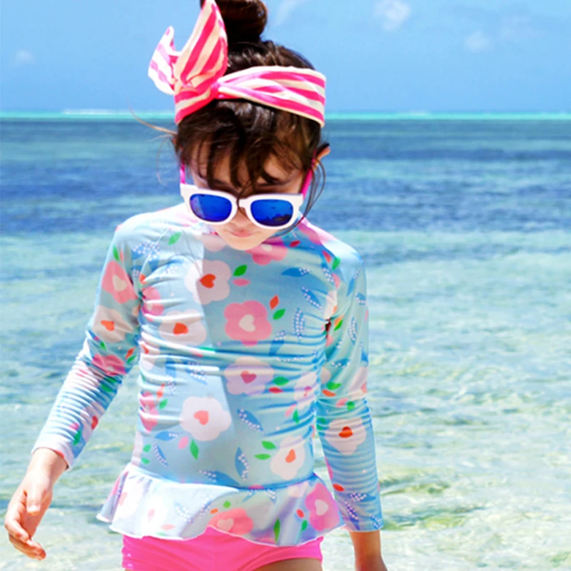 Kids Baby Girls Swimwear Long Sleeve + Rash Guard Children Cartoon Pink Cute Swimming Suit for Girl Bathing Suit for 3-11Y