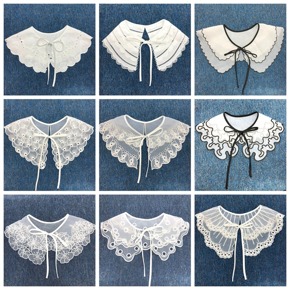 Women Girls Chiffon Lace Fake False Collar Decorative Double Layer Ruffles Embroidery Choker Blouse Shawl Bowtie