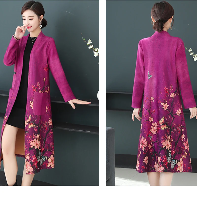 2022 Spring Autumn Suede Trench Coats Women\'s New Fashion Slim Printed Mid-long Outerwear Korean Slim Cape Cardigan Jackets J441