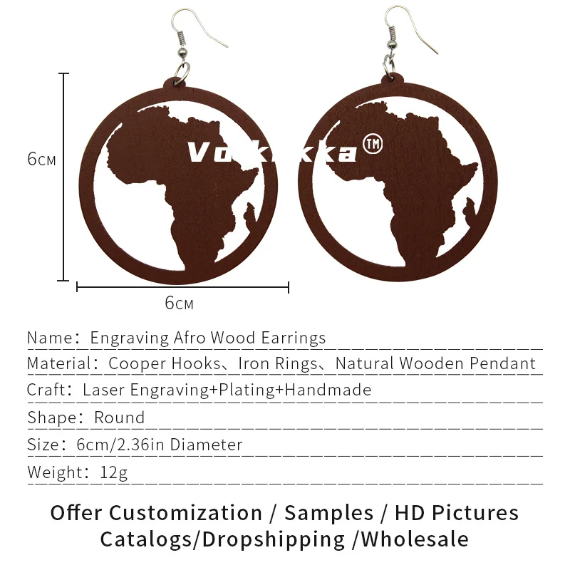 VOIKUKKA Jewelry Round Drop Pendants Laser Cutting Hollow Out I Love Jesus African Map Natural Wooden Ethnic Women Earrings