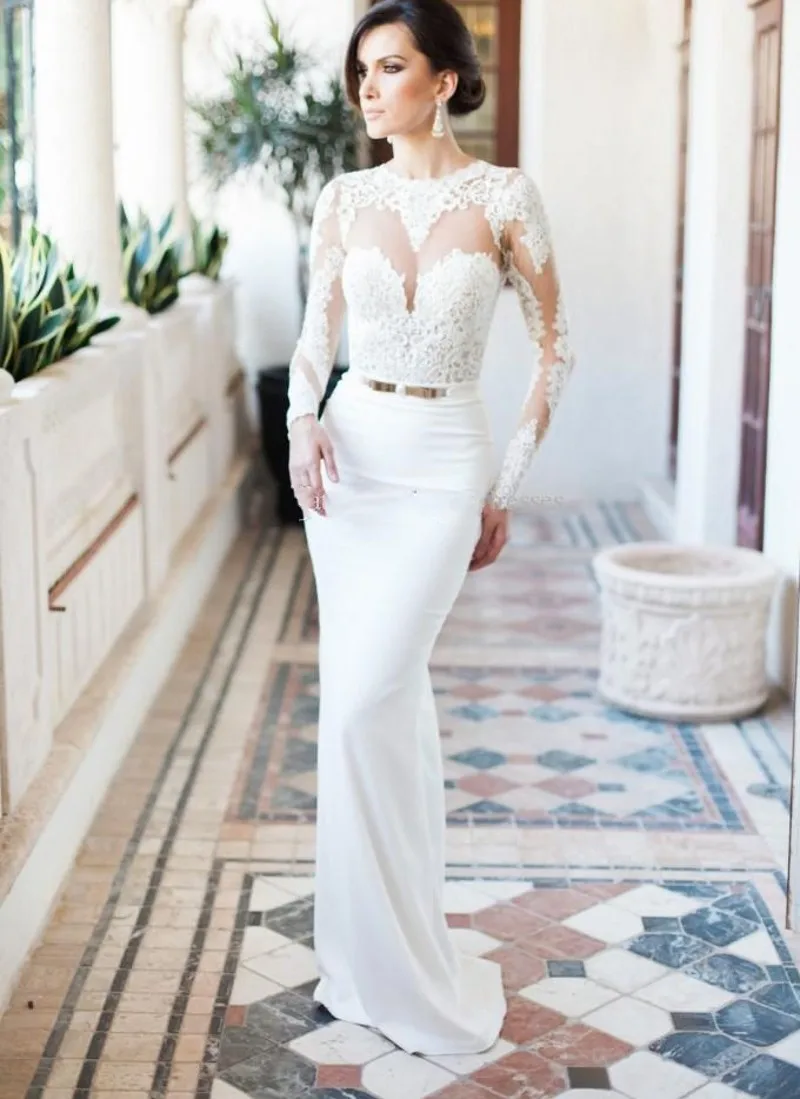 2025 Simple Vestidos De Novia Lace Satin Wedding Dresses Sheer High Neck Applique Long Sleeves Vintage Bridal Gowns Open Back