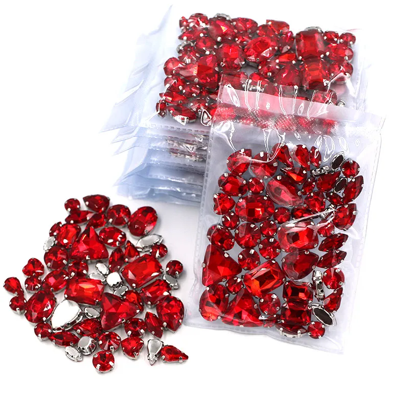 Wholesale 5 bags mixed shape silver base sewing glass rhinestone crystal Red rhinestones for clothing/wedding dress