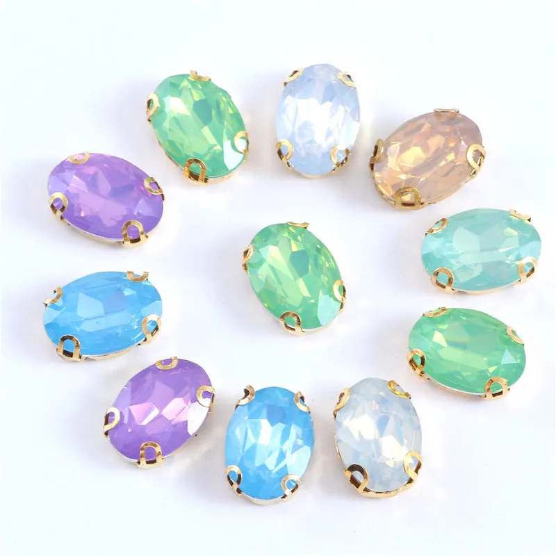 Oval Opal Crystal green Resin Sew On Rhinestones With Gold Claw sew on stone for clothing accessories