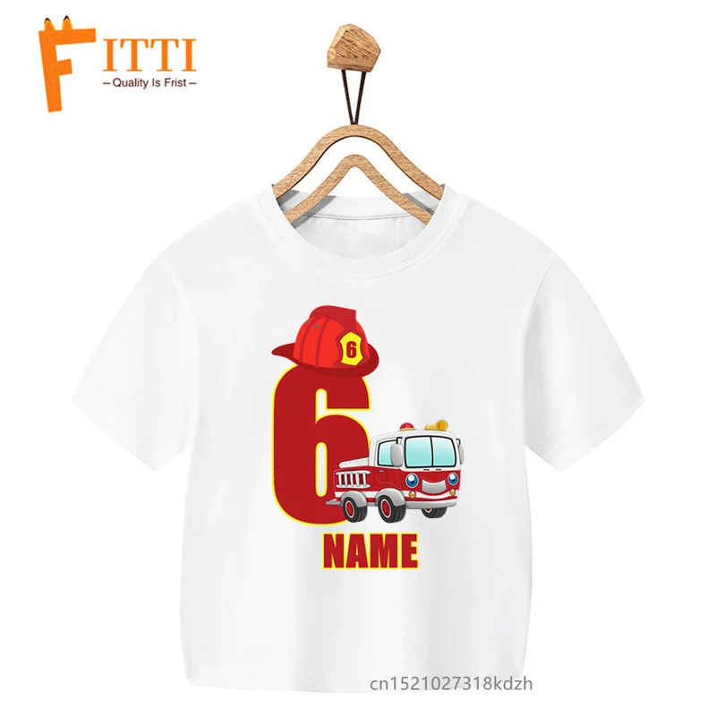 Firefighter Car Birthday Numbers Flower Print Boys/Girls White T-shirt Kid Summer Kawaii Funny Little Baby Clothes,Drop Ship