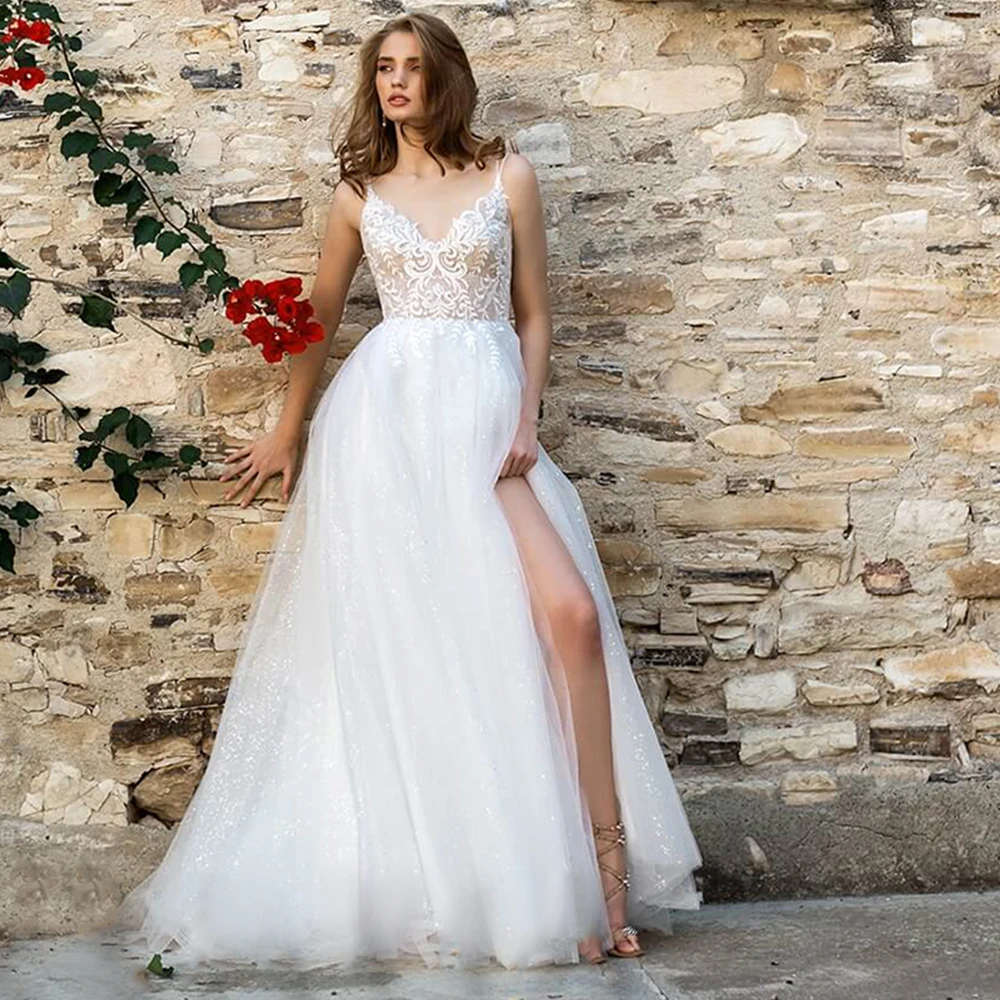 Vestidos de novia de tul brillantes, con tirantes finos, abertura alta, Espalda descubierta, cuentas de lujo, borlas, fotografía de encaje de gran tamaño