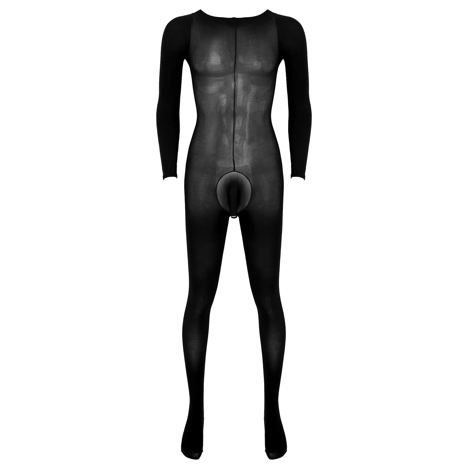 

Men Solid Color Bulge Pouch Stretchy Bodystocking Leggings Sissy Nightwear Long Sleeve Round Neck Catsuit Bodysuit for Nightclub