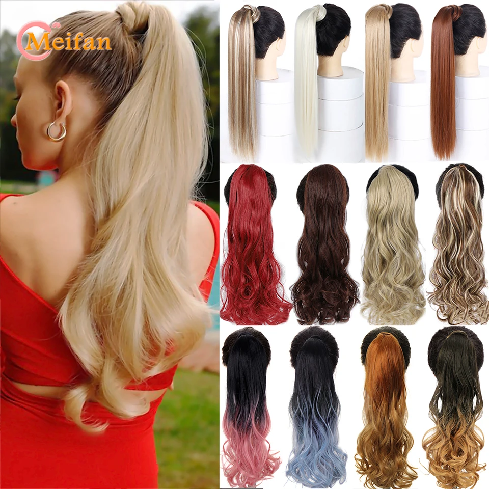 

MEIFAN Synthetic Straight Curly Clip In Hair Ponytail Extensions Natural False Hair Ombre Ponytail Hairpiece With Hairpins Hair