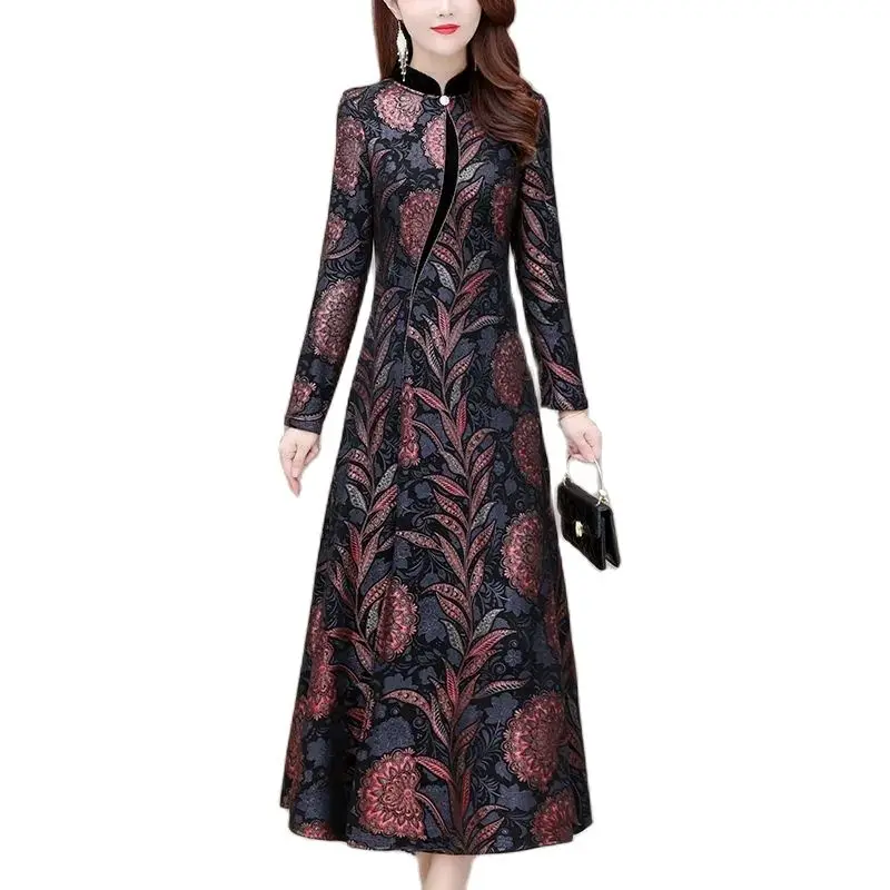 

Chinese Style Dress 2022 Spring Women's Retro Improve Cheongsam Dress Autumn Winter Add Velvet Thick Printing Long Dresses 5XL