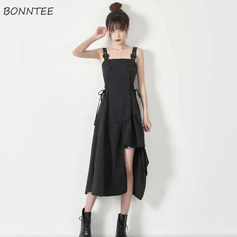 Streetwear Women Dress Fashion Summer Asymmetrical Sleeveless Sundress Lace-up Vintage Black Solid College Harajuku Chic Girls