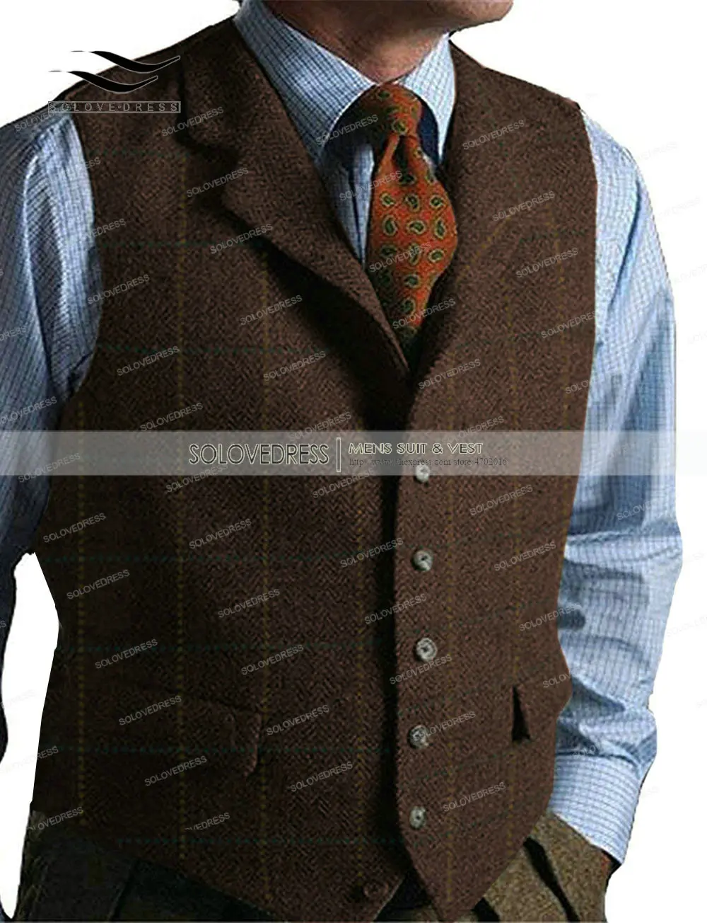 Green Casual Gentleman Men's Plaid Soft Wool Jacket Vest Tweed Business Coffee Waistcoat For Best Man Wedding For Party