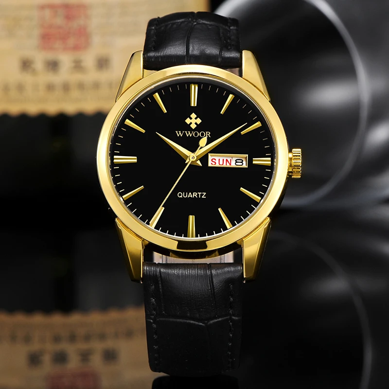 WWOOR New Watch Men Top Brand Luxury Men\'s Gold Black Quartz Watches Waterproof Date Leather Casual Classic Wrist Watch Male Box