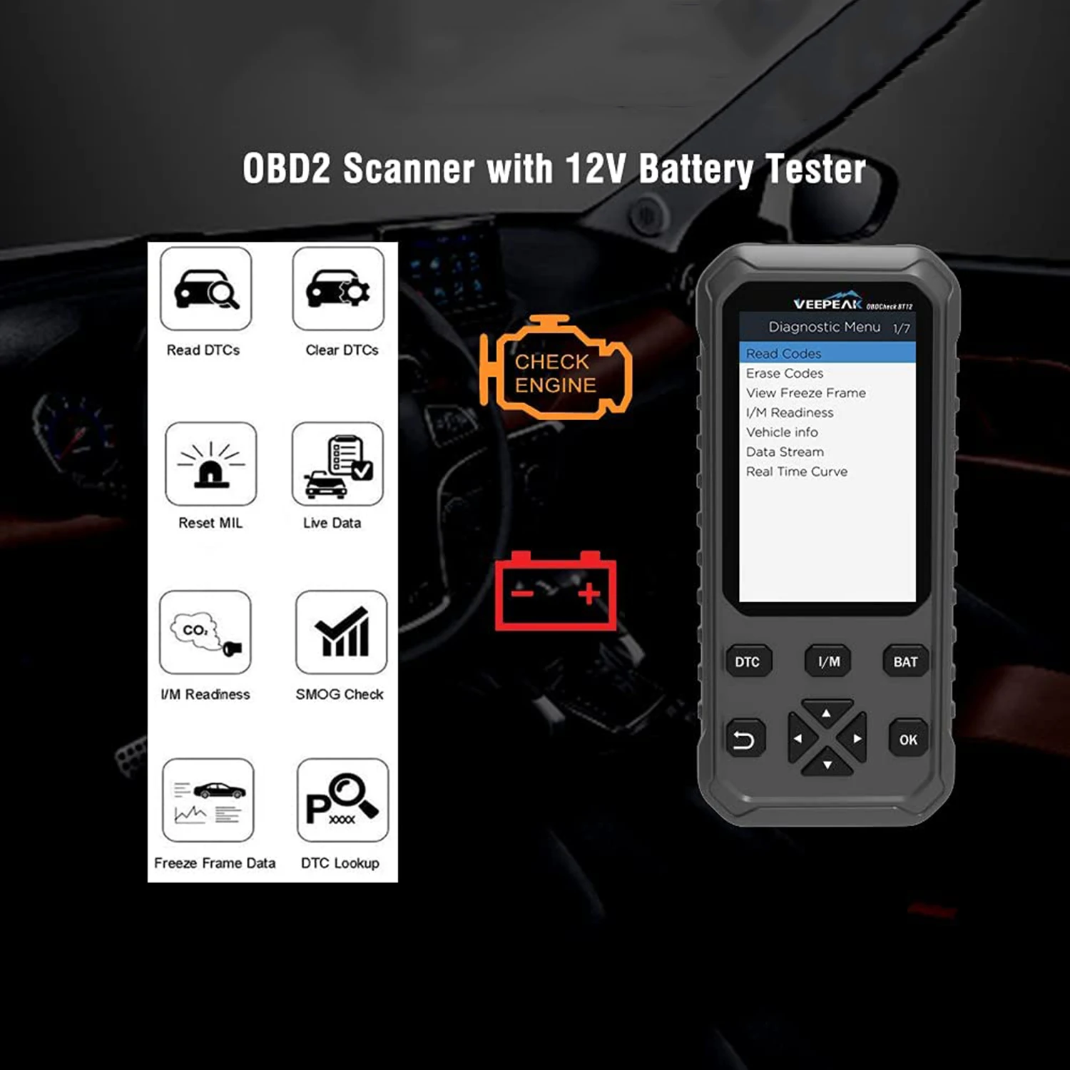 Veepeak OBD2 Scanner with 12V Battery Tester, Check Engine Code Reader Auto Scan , 2 in 1 Car OBD II Diagnostic Tool