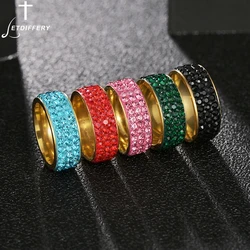 Letdiffery New Three Row Colorful Stones Wedding Rings Green Pink Red Jewelry for Women Stainless Steel Engagement Ring