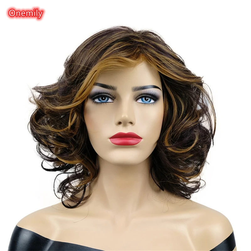 

Onemily Long Wavy Shaggy Layered Women Synthetic Natural Looking Wigs with Bangs Golden Brown Dark Brown Mixed Wig