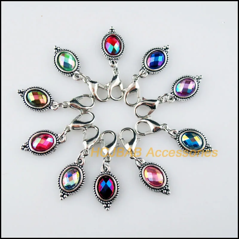 20Pcs Tibetan Silver Plated Flower Oval Frame Mixed Acrylic Charms Pendants With Lobster Claw Clasps 9x17mm