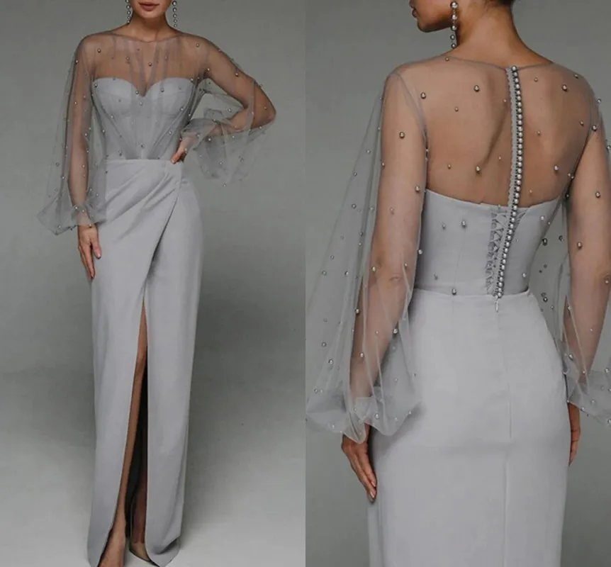 Robe De Soirée grise/blanche avec perles, tenue De Soirée formelle, col en perles, manches longues, Illusion De bijoux, nouvelle collection, 2022