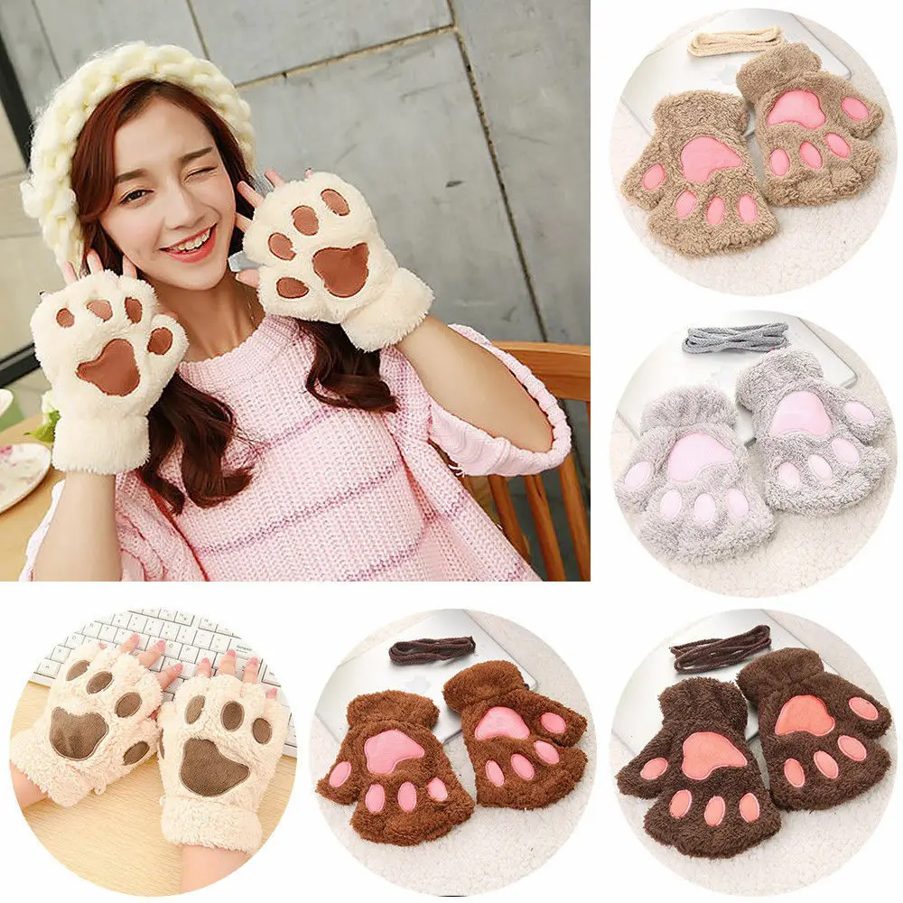 Winter Women Cute Cat Claw Paw Plush Mittens Short Fingerless Gloves Half Finger Warm Plush Antifreeze gloves