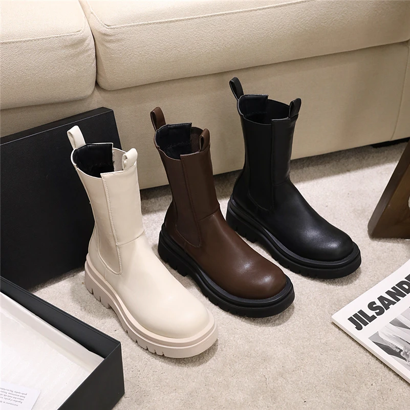 Meotina Women Fashion Med Calf Boots Platform Flat Shoes Slip On Round Toe Ladies Boots Flats Shoes 2021 Autumn Winter 43 Brown